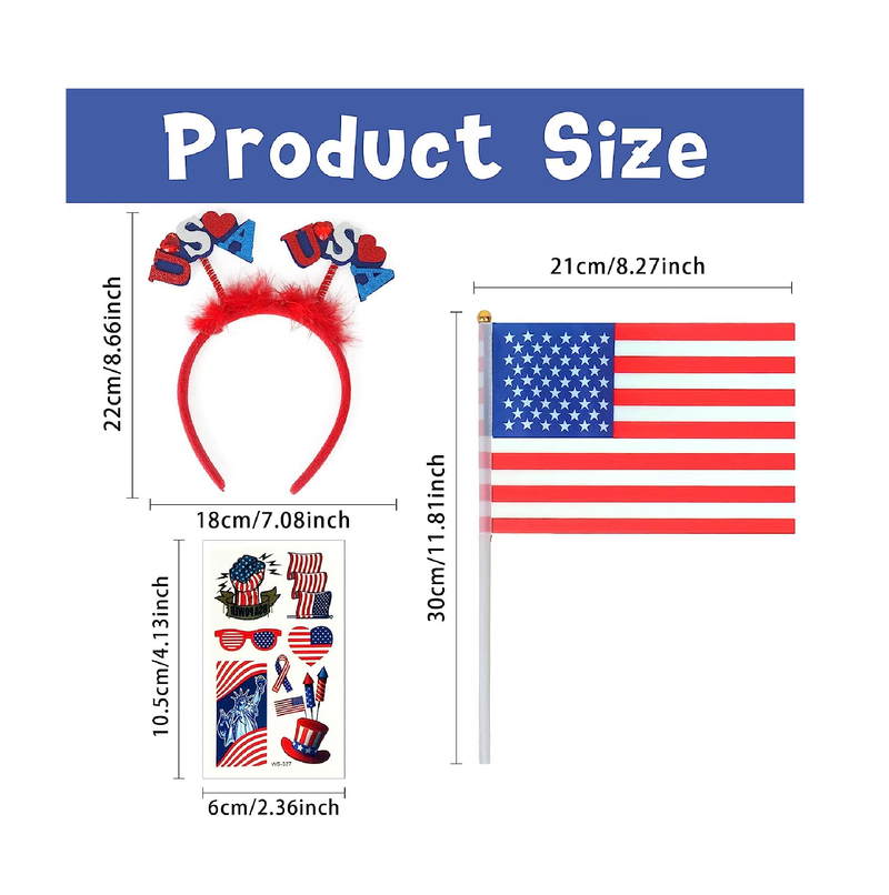 OPUHOHR 29 PCS 4th of July Headbands Temporary Tattoos American Flags on Stick 4th of July American Independence Day Decorations Kit