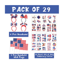 OPUHOHR 29 PCS 4th of July Headbands Temporary Tattoos American Flags on Stick 4th of July American Independence Day Decorations Kit