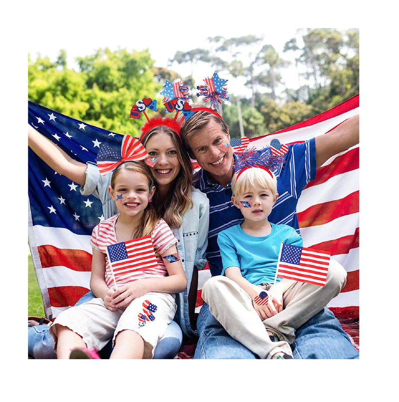OPUHOHR 29 PCS 4th of July Headbands Temporary Tattoos American Flags on Stick 4th of July American Independence Day Decorations Kit