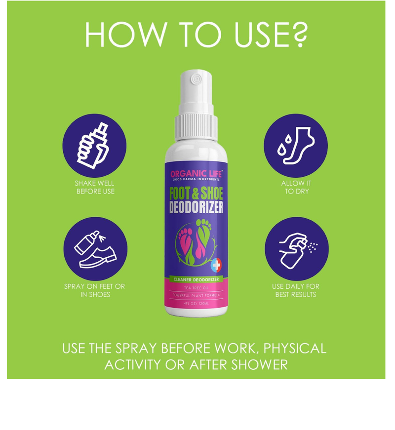 Organic Life Shoe Spray Deodorizer, Eliminator Spray for Foot and Shoe, Tea Tree & Witch Hazel Foot Spray and Shoe Freshener,