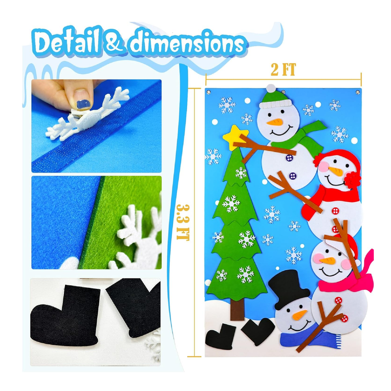 OurWarm Felt Christmas Tree for Kids Wall, 3.3FT Felt Christmas Snowman Games Set with 62PCS Ornaments