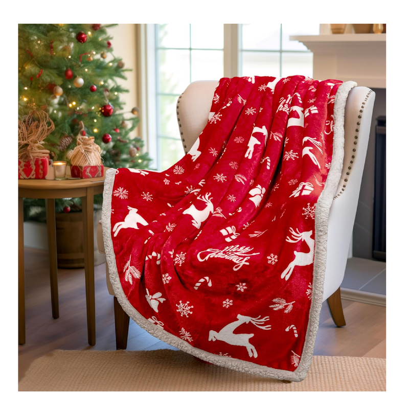 PAVILIA Premium Christmas Sherpa Throw Blanket | Christmas Decoration Reindeers, Fleece, Plush, Warm, Cozy Reversible Microfiber Holiday Blanket 50 x 60