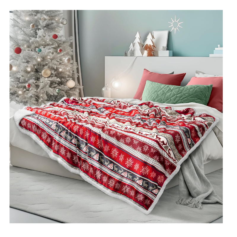 PAVILIA Premium Christmas Sherpa Throw Blanket | Christmas Decoration Reindeers, Fleece, Plush, Warm, Cozy Reversible Microfiber Holiday Blanket 50 x 60