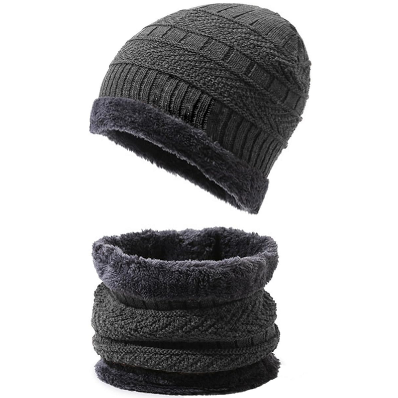 PFFYWarmBeanieHatScarfSetKnitHatThickFleeceLined4