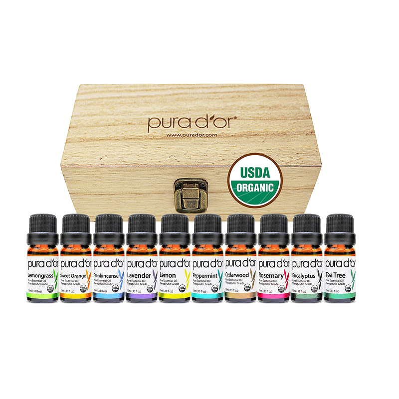 PURA D'OR Organic Essential Oils Set of 10 10ml Perfect10 Wood Box Gift Set- 100% Pure Therapeutic Grade Aromatherapy for Home Diffusers