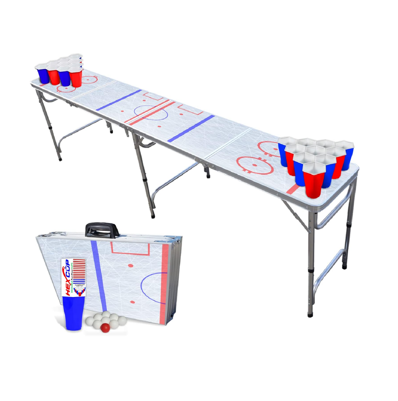 PartyPong Slim 8Foot Folding Beer Pong Table w/HEXCUPs Pong Balls and Triangle Decals Hockey Rink Edition