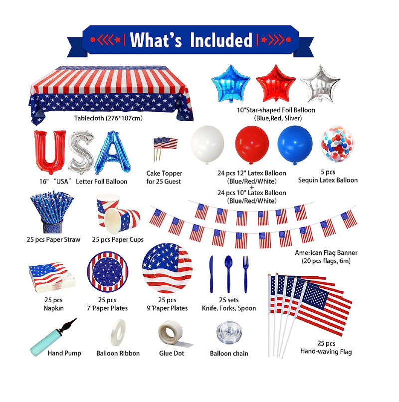 Party Spot! 315 pcs 4th of July decorations Tableware for 25 Guests Patriotic Party Decorations