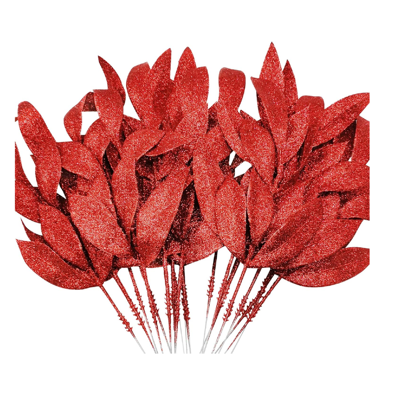 Pextian 20pcs Artificial Red Glitter Leaf, 13.8inch Red Glitter Leaves, Artificial Glitter Leaves for Christmas Tree Picks, Centerpiece, Wedding, Wreath, Garland, DIY Crafts, Vase