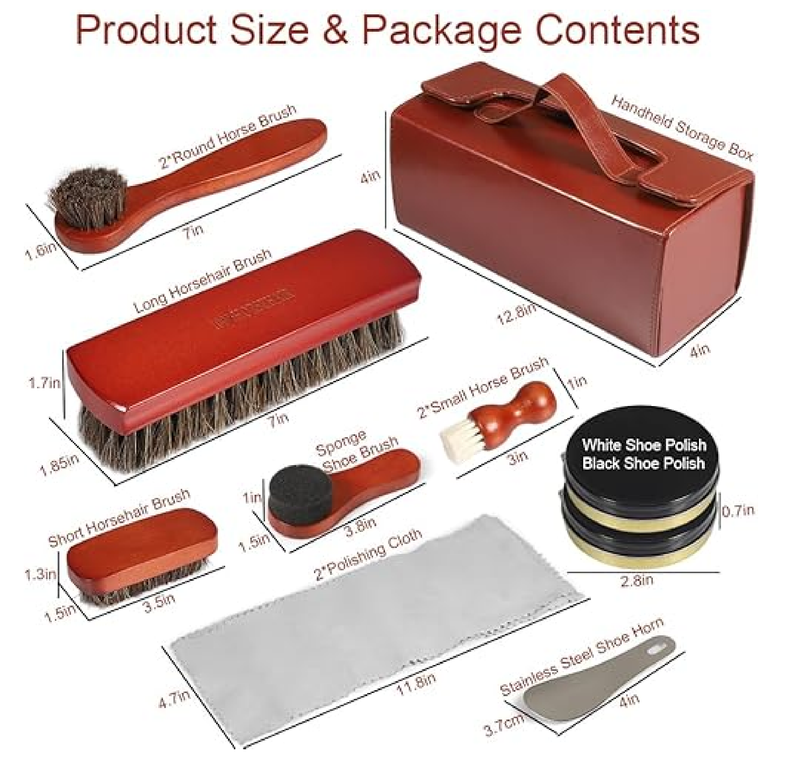 Picowe 13 PCS Shoe Shine Kit, Leather Boot Care Set with Real Wood Handle & Horsehair Brush, Black & Neutral Polish, Portable Travel Shoe Cleaning Kit