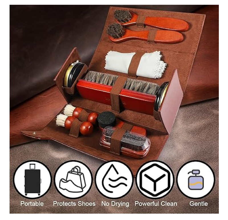 Picowe 13 PCS Shoe Shine Kit, Leather Boot Care Set with Real Wood Handle & Horsehair Brush, Black & Neutral Polish, Portable Travel Shoe Cleaning Kit