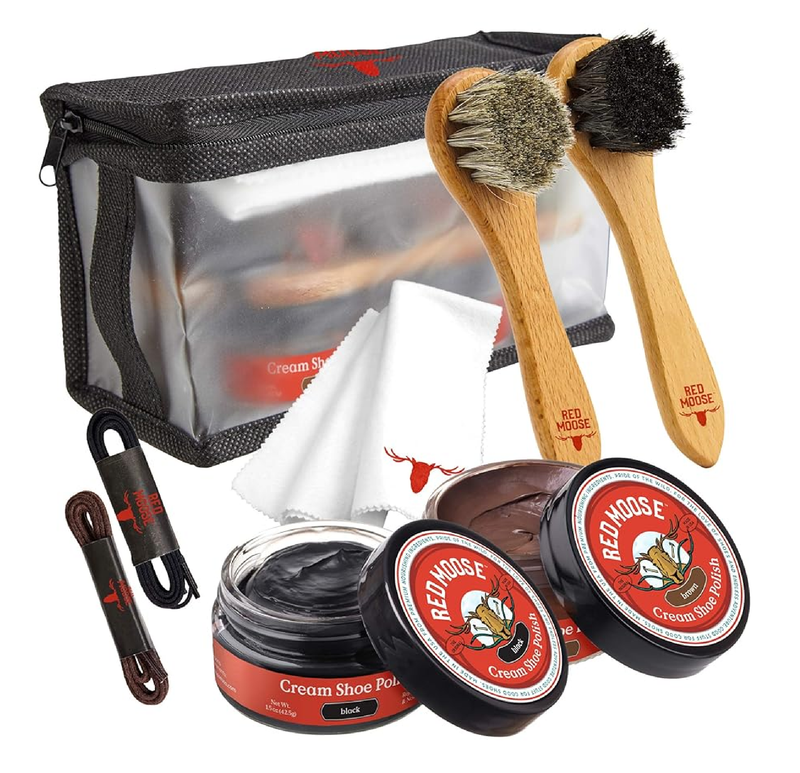 RED MOOSE Full Leather Shoe Polish Kit – 2x Brush, Buffing Cloth, Travel Case, Laces