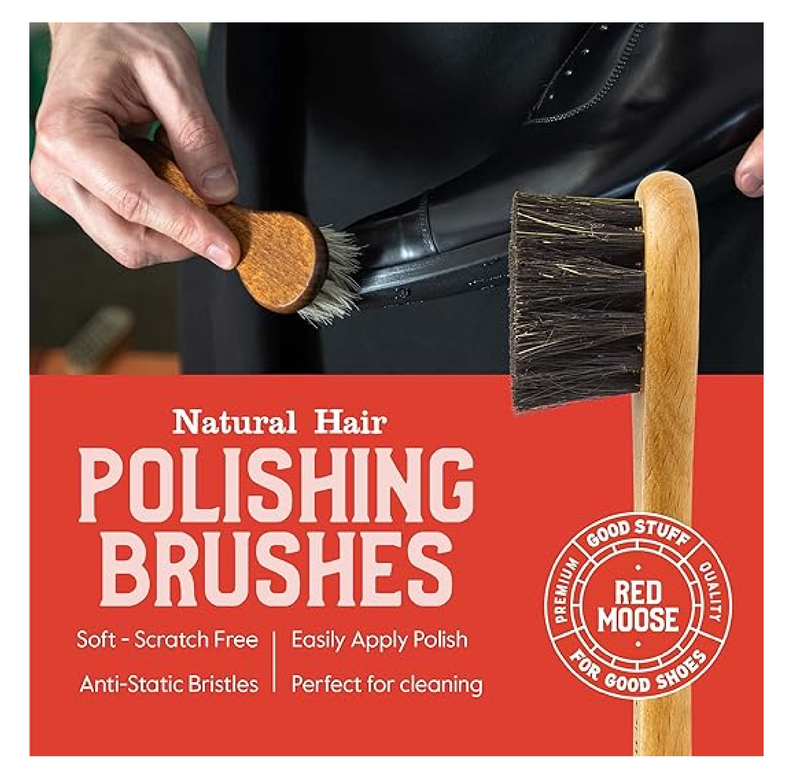 RED MOOSE Full Leather Shoe Polish Kit – 2x Brush, Buffing Cloth, Travel Case, Laces