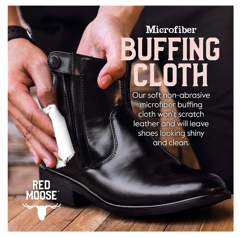 RED MOOSE Full Leather Shoe Polish Kit – 2x Brush, Buffing Cloth, Travel Case, Laces