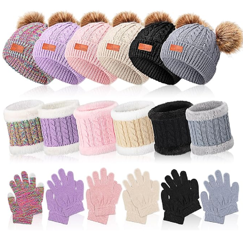 Redbaker 18 Pcs Kids Double Pompom Winter Knitted Beanie Hat Scart 