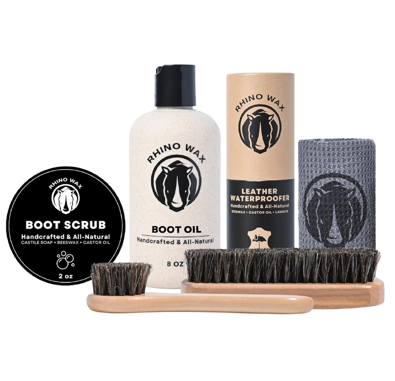Leather Boot Care Kit - Boot Oil, Waterproofer, Boot Scrub (Like Saddle Soap), Brushes and Cloth