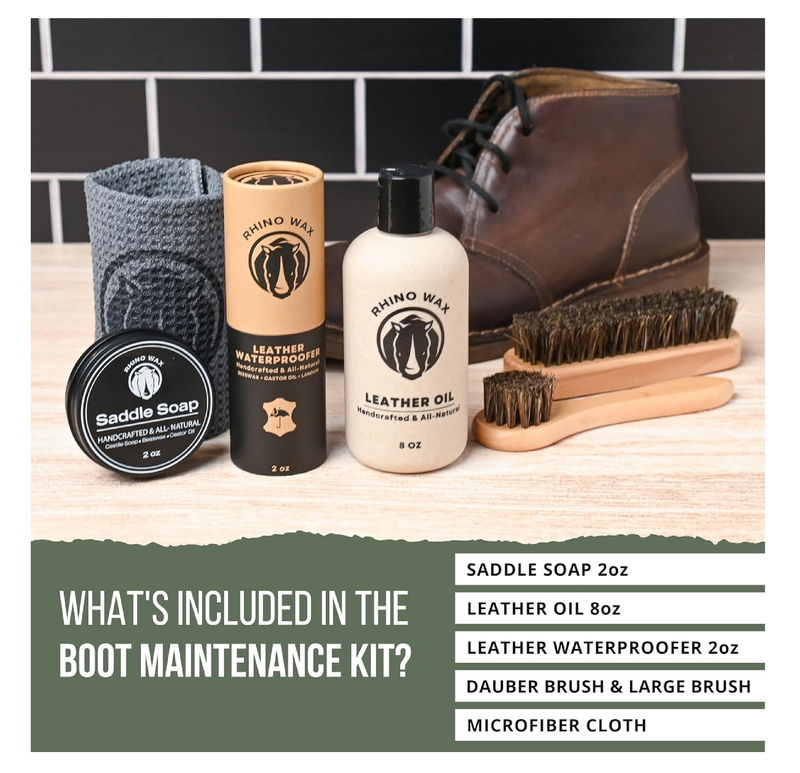 Leather Boot Care Kit - Boot Oil, Waterproofer, Boot Scrub (Like Saddle Soap), Brushes and Cloth