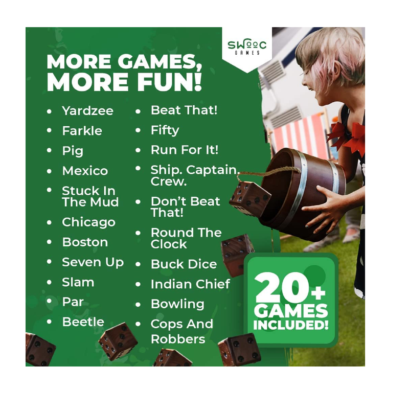 SWOOC Games  Yardzee Farkle & 20+ Games Light-Weight Yard Dice Game Set All Weather with Wood Bucket 5 Big Laminated Score Cards