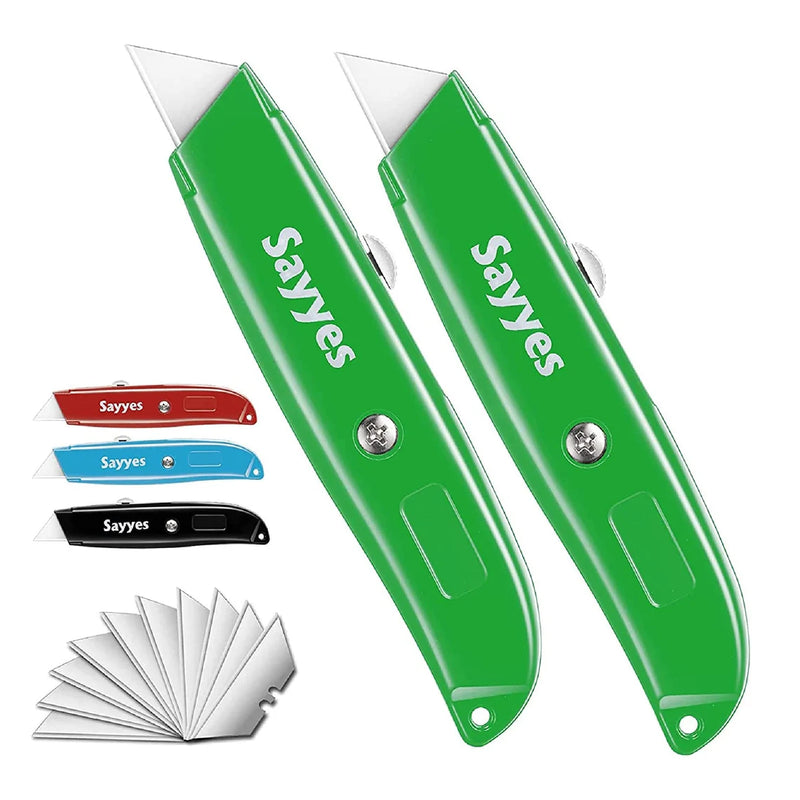 Sayyes Box Cutter, 2-Pack Retractable Utility Knives With 10 SK5 Blades | Durable Aluminum Box Cutter