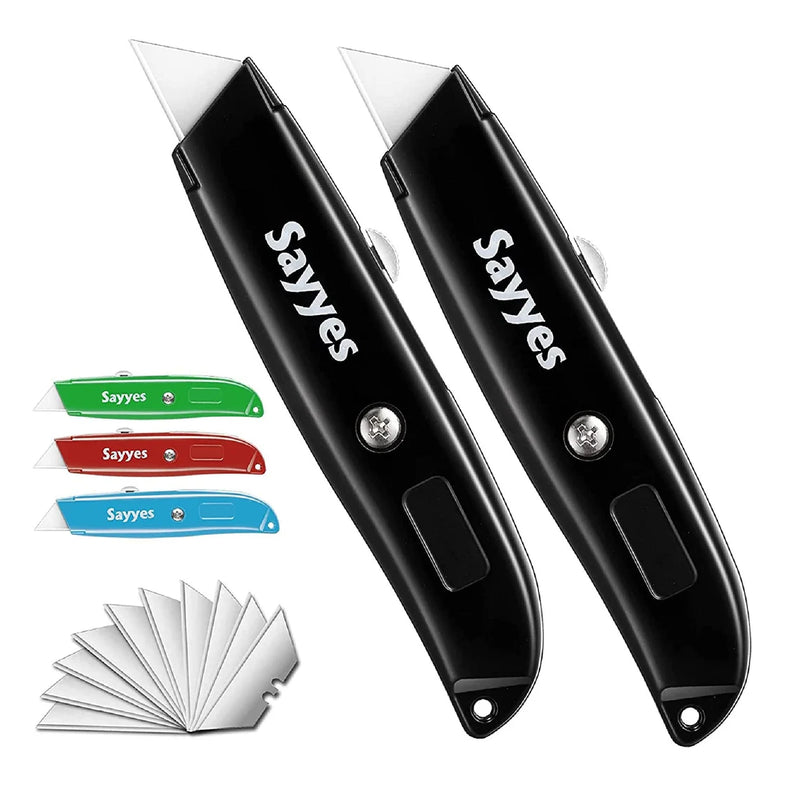 Sayyes Box Cutter, 2-Pack Retractable Utility Knives With 10 SK5 Blades | Durable Aluminum Box Cutter