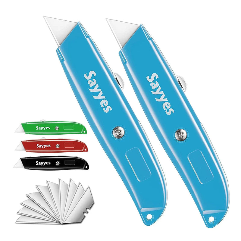 Sayyes Box Cutter, 2-Pack Retractable Utility Knives With 10 SK5 Blades | Durable Aluminum Box Cutter