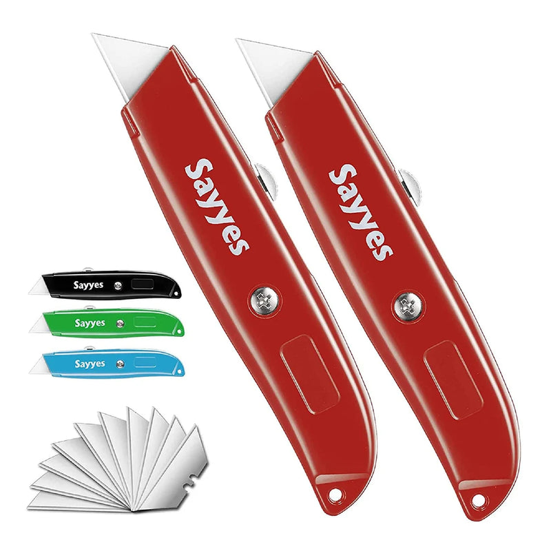 Sayyes Box Cutter, 2-Pack Retractable Utility Knives With 10 SK5 Blades | Durable Aluminum Box Cutter