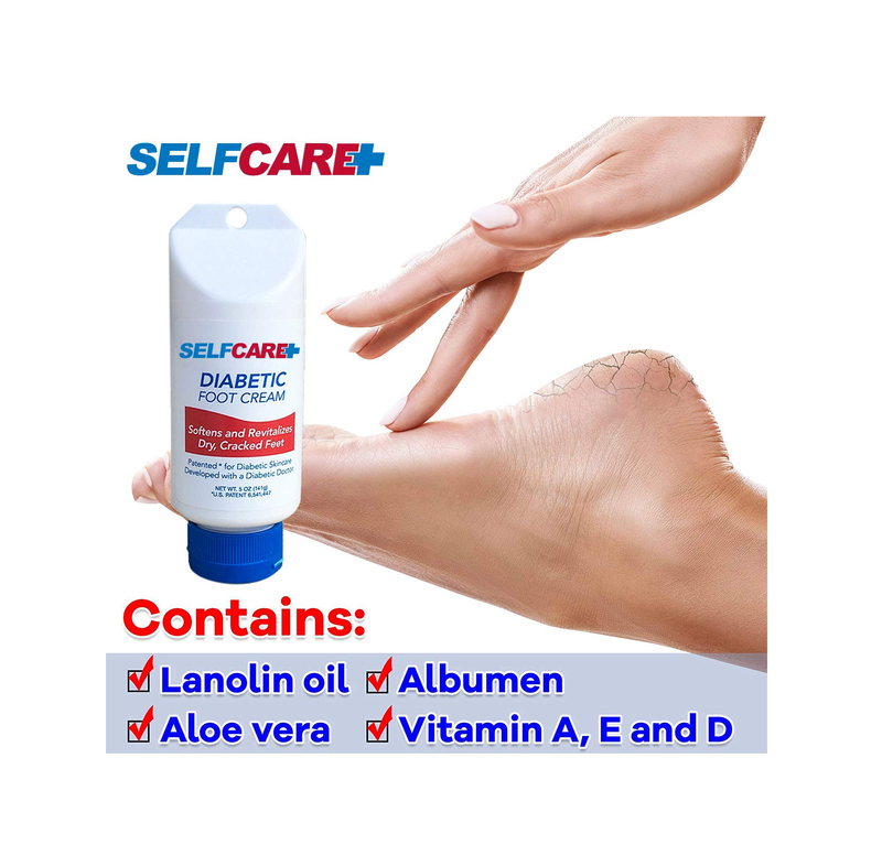 Selfcare Plus Diabetic Foot Cream For Dry Cracked Feet Leaves Hands Legs Feet & Body Smooth Patented Lotion 5 oz