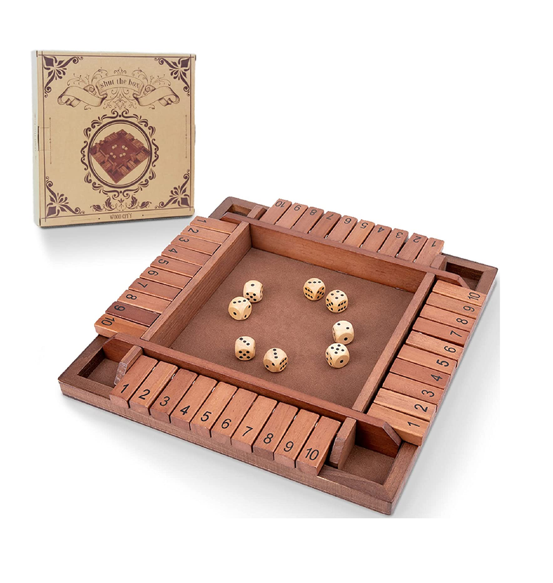 Shut The Box Game Wooden 4 Player Classic Board Game for Kids & Adults Educational Math Learning Toy Table Dice Game for The Party Family or Bar 12 Inch with 8 Dice