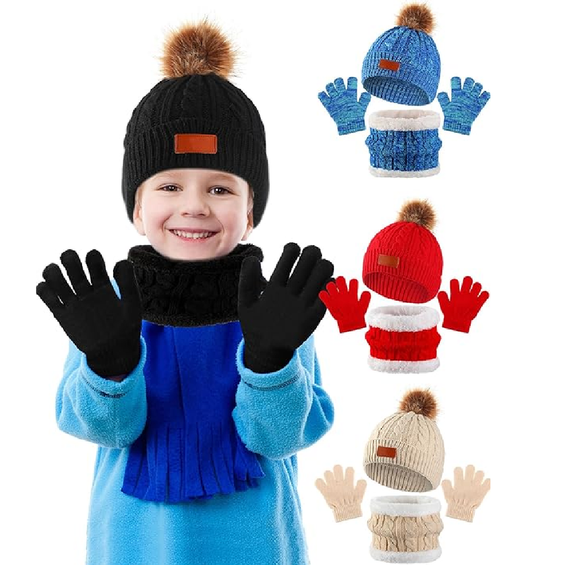 Silicherry 12 Pcs Kids Winter Beanie Gloves Hat Scarf Set Girls Boys Knitted Fleece Lined 