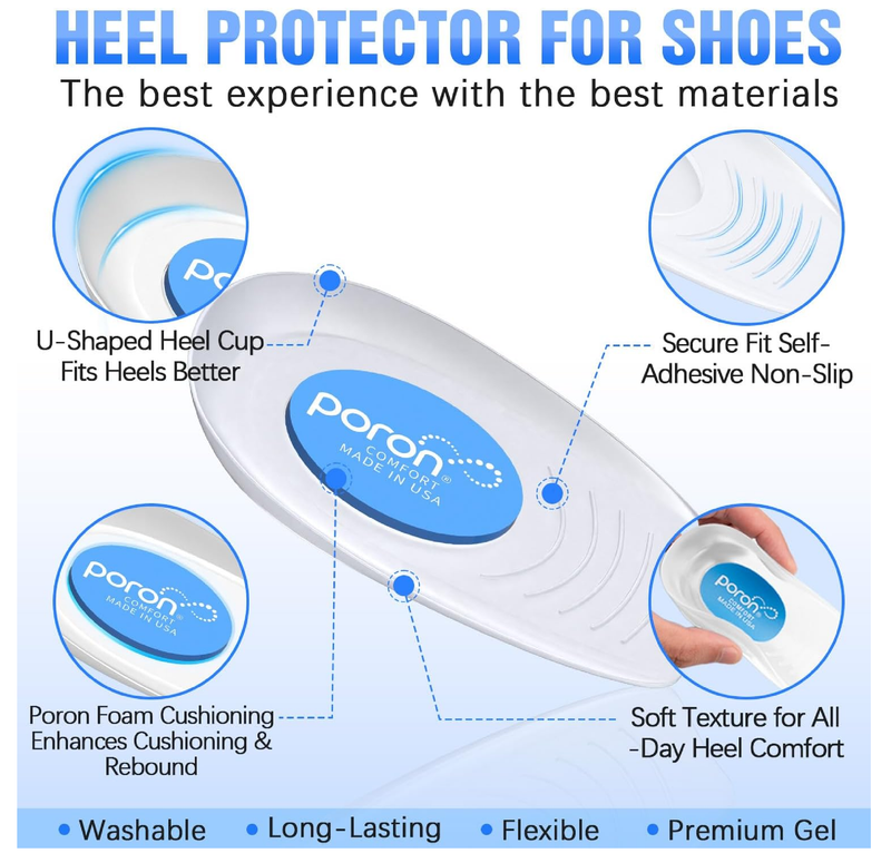 Poron Heel Pads for Shoes, Sports Traction Shock Absorbing Gel Heel Cups,