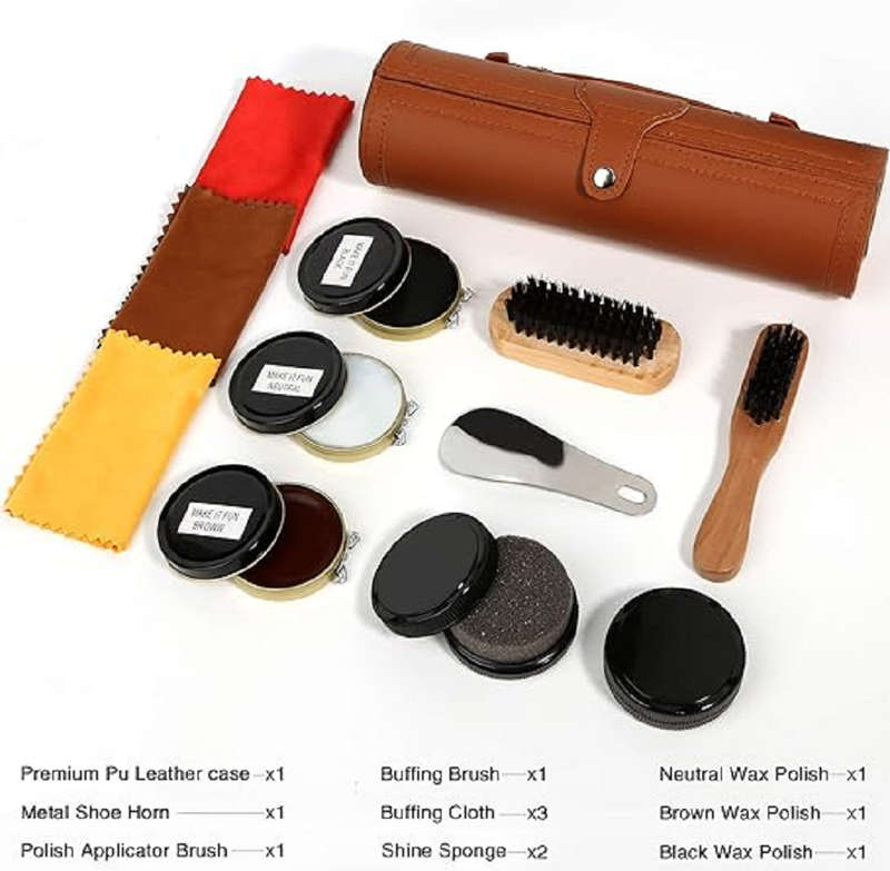 Shoe Shine Kit with PU Leather Sleek Elegant Case | 12-Piece Travel Shoe Shine Brush kit