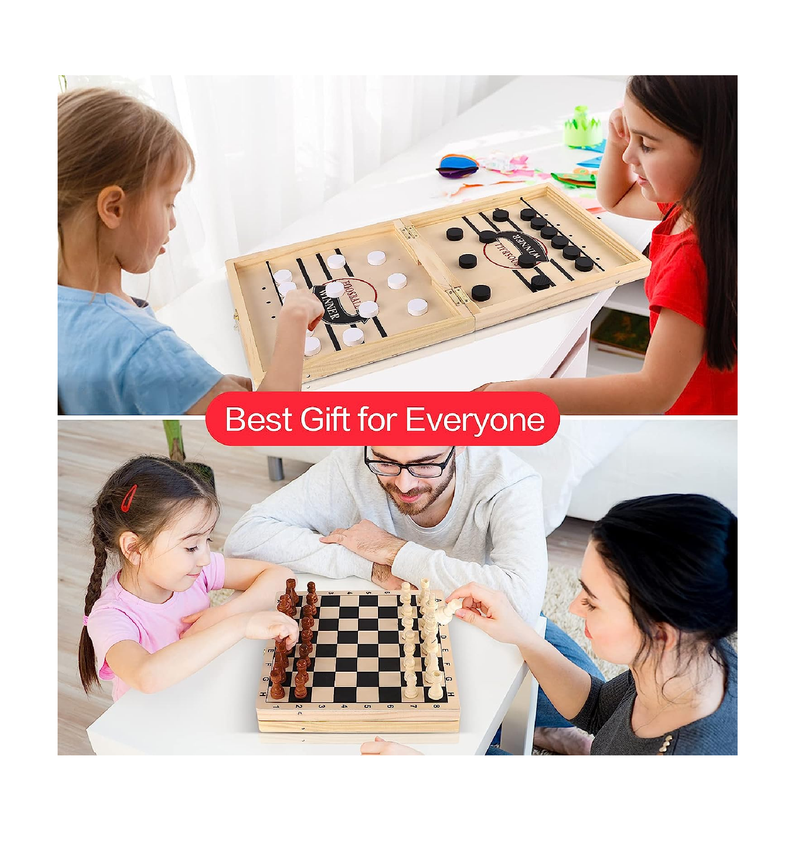 Sling Puck Game Chess Checkers Game Set 4 in 1 Board Game Fast Hockey Table Game Tic Tac Toe Slingshot Chess Set for Kids