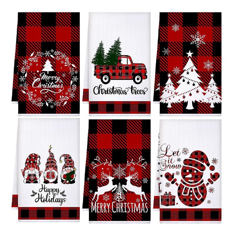 Sratte 6 Pcs Christmas Kitchen Towels Buffalo Check Plaid Dish Towels Winter Truck Hand Towels Farmhouse Tea Towels Housewarming Gifts Christmas Decoration for Kitchen Holiday Xmas, 23.62 x 15.75 Inch