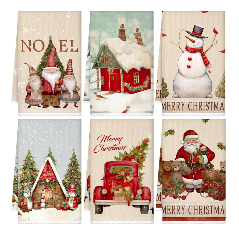 Set of 6 Christmas Kitchen Towels 24 x 16 Inch Absorbent Xmas Dish Towels Christmas Tea Towel Decorative Winter