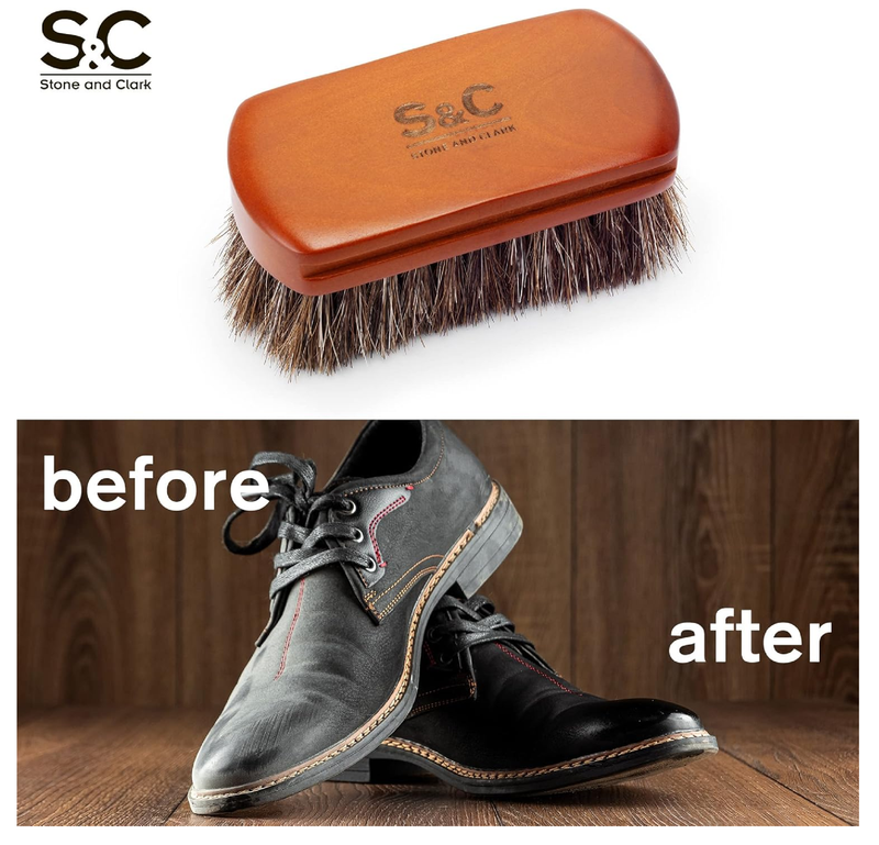 Mini 4" Shoe Brush - Portable Horse Hair Brush w/Natural Wood Handle - Soft Bristle Shoe Polish Brush for