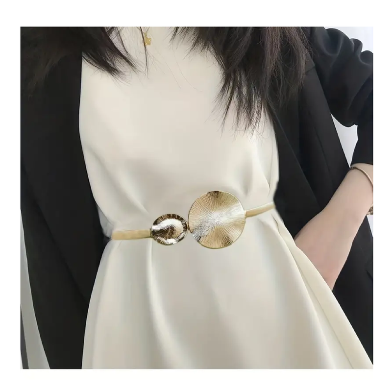 Stylish Golden Elastic Thin Belt Double Circle Elegant Metal Dress Coat Girdle Trendy Decorative Waistband