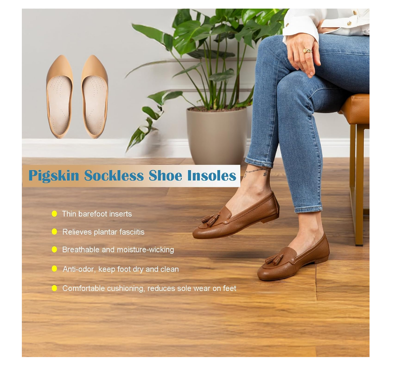 Leather Sockless Shoe Insoles，Handmade Barefoot Inserts, Thin Dress Shoe Inserts for