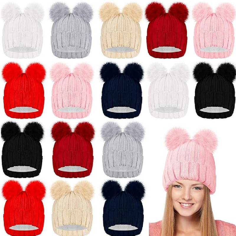 Suhine 16 Pieces Women Double Pom Pom Beanie Winter Hats Cable Knit Fleece Lined