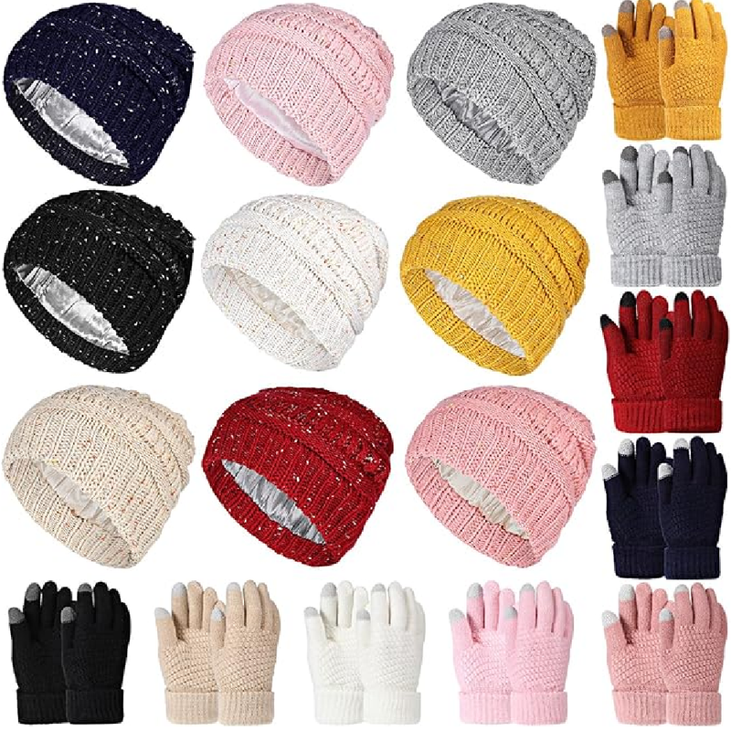 Suhine 18 Pcs Winter Hat and Glove Set 9 Pcs Warm Satin Lined Knitted Beanie