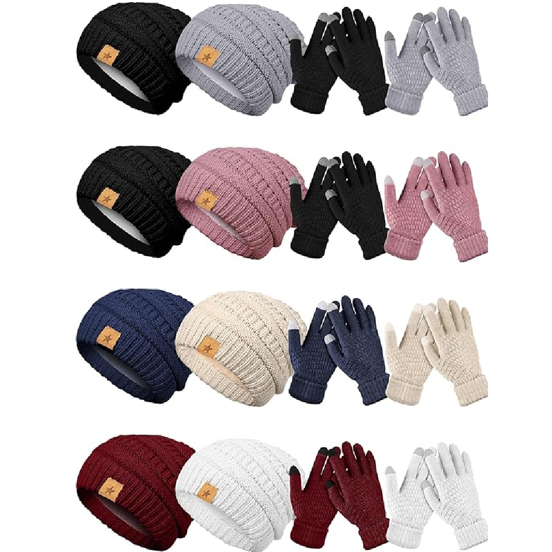 Suhine 8 Set Winter Glove and Hat Set 8 Pcs Warm Knitted Winter Hats
