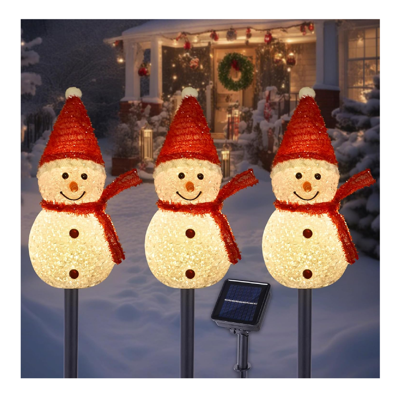 TAILERRI Solar Christmas Pathway Lights Outdoor Decor, Set of 3 Snowman Xmas Lights with Stake, Waterproof Walkway Landscape Lights for Winter Yard, Garden, Solar Christmas Decorations (Red)