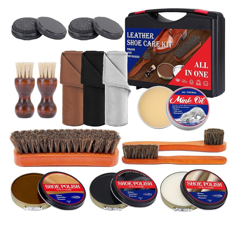 15pcs Shoe Shine Kit, Shoe Polish Kit, Leather Boot Care Kit, with Horsehair Brush&Wooden Applicator