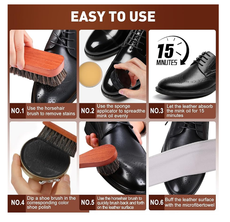 15pcs Shoe Shine Kit, Shoe Polish Kit, Leather Boot Care Kit, with Horsehair Brush&Wooden Applicator