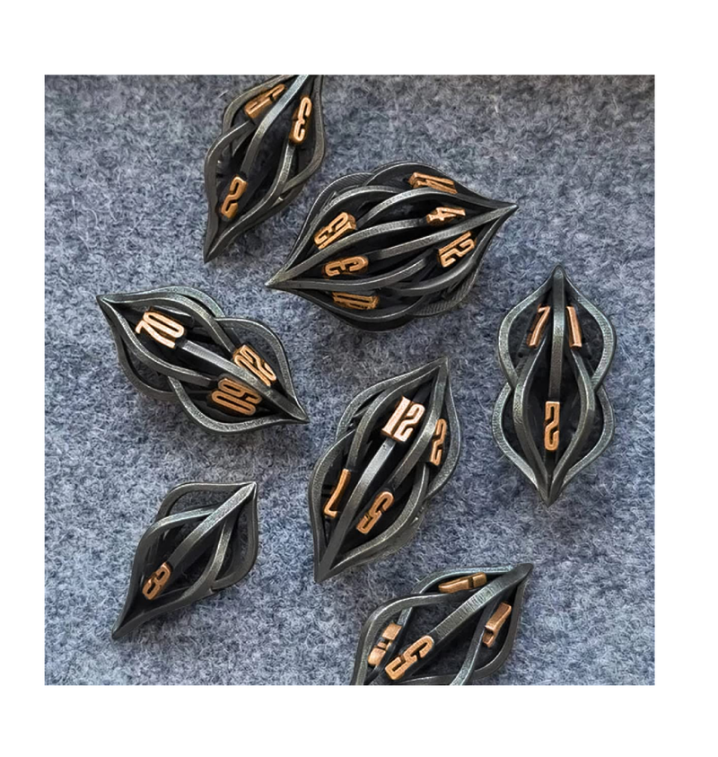 Thyggzjbs The Arcanum Dice Set for Table Games 3D Printed Carved Metal Dice Set Hollow Polyhedral DND RPG MTG Game Dice Set Creative Craft Decoration dice Game for Families and Friend Black Gold