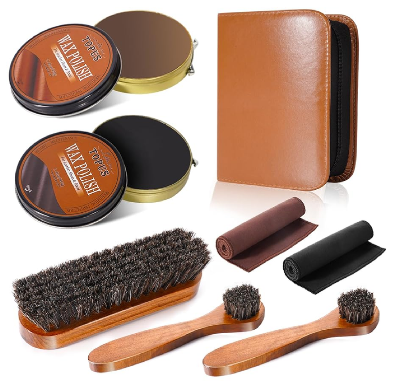 TOPUS Shoe Polish Kit Include 3 Pieces Horsehair Shoe Brushes in 6.7IN Handle, 1.4oz Black & Brown Shoe Polish & Shine Cloths