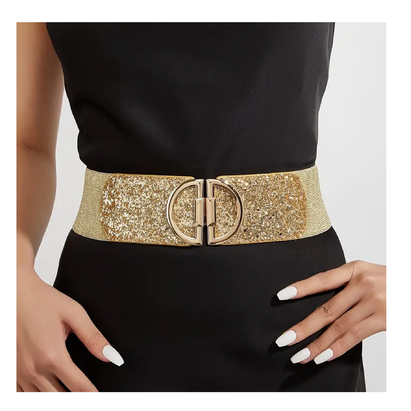 Trendy Double D Buckle Wide Belt Elegant Shiny Sequins Elastic PU Waistband Classic Dress Coat Girdle For Women Girls
