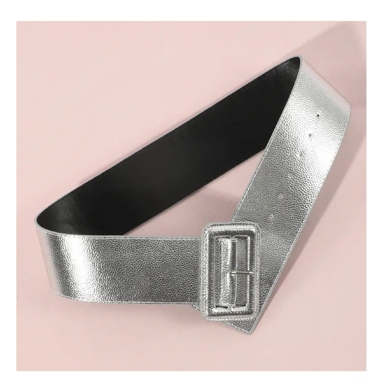 Trendy Silvery Wide Belts Simple Square Pin Buckle Adjustable Waistband Classic PU Leather Belt Coat Dress Belt Women