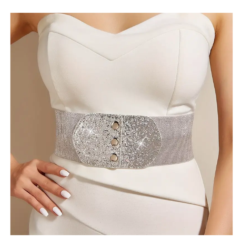 Trendy Three Buttons Wide Belts Classic Shiny Sequin Solid Color Elast Trendy Three Buttons Wide Belts Classic Shiny Sequin Solid Color Elast