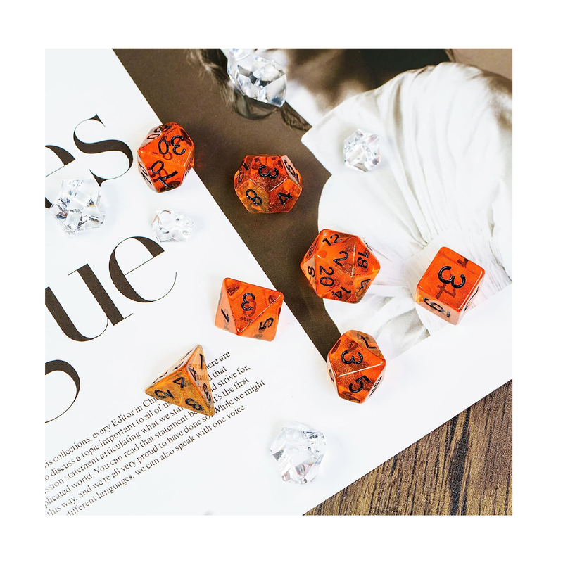 UDIXI 7PCS DND Dice Set Filled with Aurora Powder Orange D&D Dice for Dungeons and Dragons