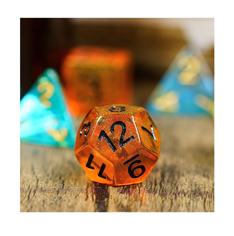 UDIXI 7PCS DND Dice Set Filled with Aurora Powder Orange D&D Dice for Dungeons and Dragons