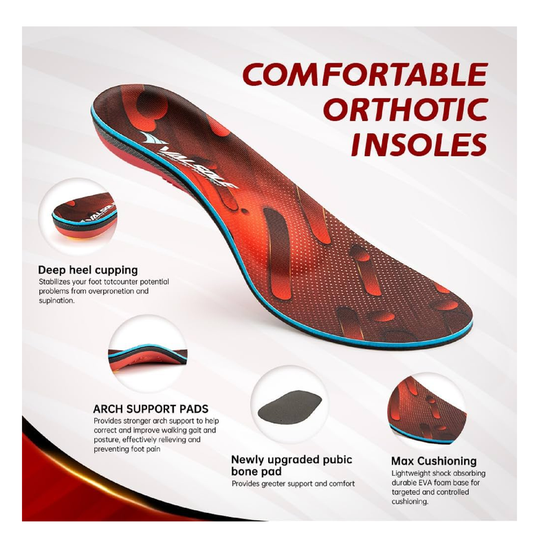VALSOLE Heavy Duty Support Pain Relief Orthotics - 220+ lbs Plantar Fasciitis High Arch Support Insoles for Men Women, Flat Feet Orthotic Insert